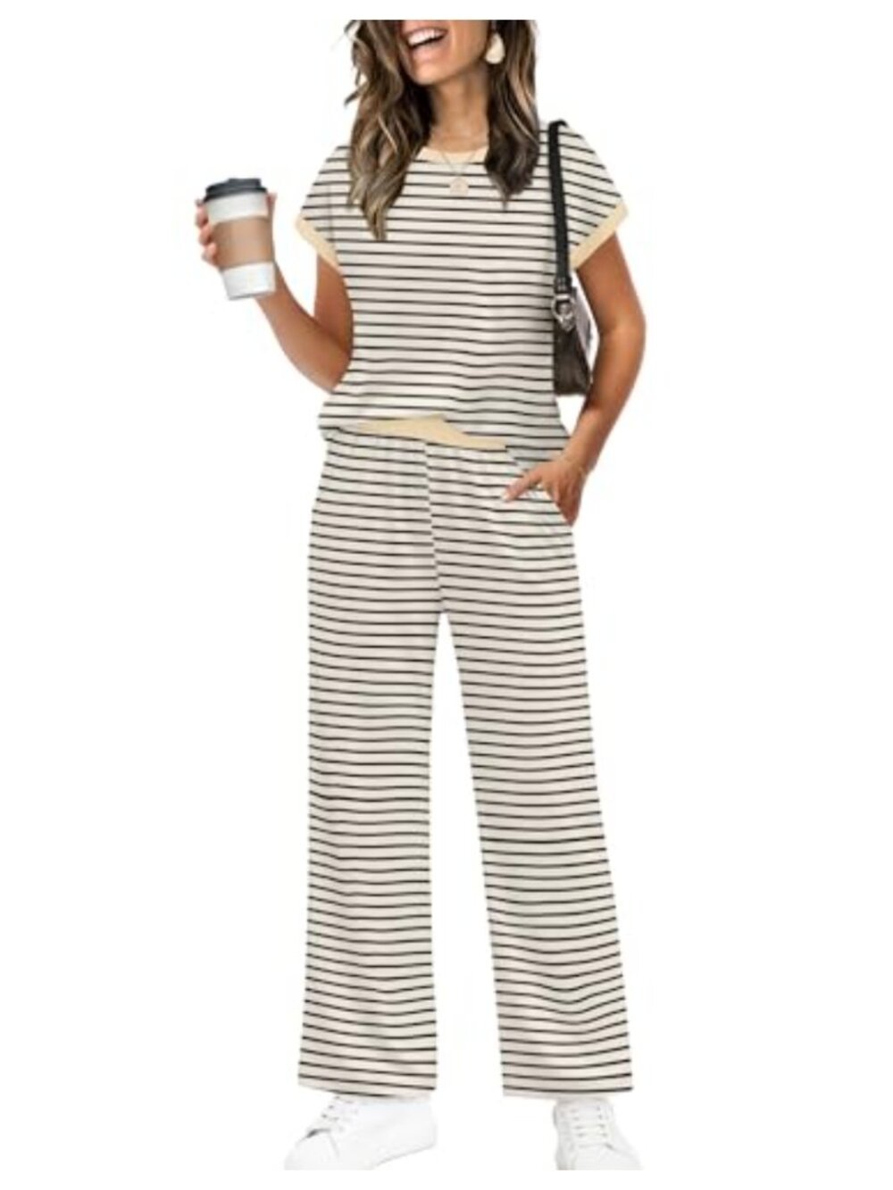 Two Piece Lounge Set Women Summer Vacation Outfit Wide Leg Palazzo Pants Crew